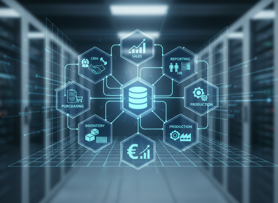 Modules ERP et fonctionnalités de gestion connectées dans une interface métier